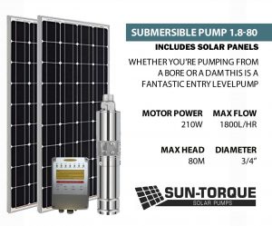 Sun-Torque Submersible 1.8-80 Solar Pump 3 | 1800l/Hr | 80M Head w/ 1 x 275w Solar Panel