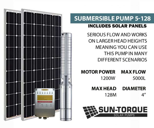 Sun-Torque Submersible 5-128 Solar Pump | 5000l/Hr | 128m Max Head w/ 3 x 275w Solar Panels