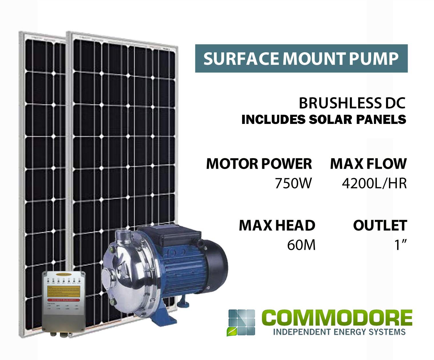 Sun-Torque Surface Mount 4.2-60 Solar Pump Brushless | 4200l/Hr | 60M Head w/ 6 x 275w Solar Panels