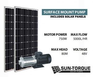 Sun-Torque Horizontal Multistage 5.0-80 Solar Pump | 5000l/Hr | 80m Head w/ 4 x 275w Solar Panels