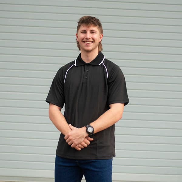 Front View of the Mens Bamboo Cotton Polo in Black by Southern Cross Workwear