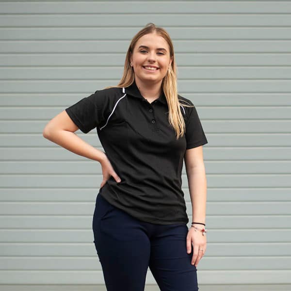 Front View of lady wearing the Ladies Bamboo Cotton Polo in Black by Southern Cross Workwear